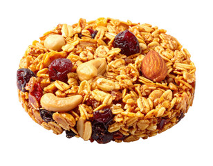 Close-up studio shot of a delicious, circular granola bar with nuts and dried berries