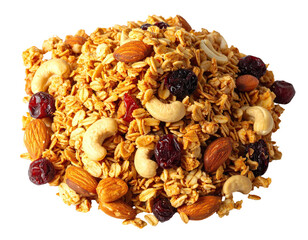 Close-up of granola mix, including nuts and dried berries, on a transparent background