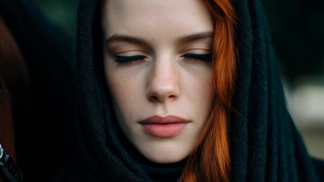 A woman with red hair showcases various emotions while wearing a black hood. She is outside in a natural setting. Her blue eyes draw attention as she changes her expressions