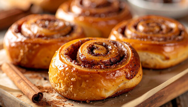 Warm fresh rolls with rich cinnamon aroma, comforting bakery snack, tasty food.