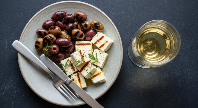 Plate of olives, grilled cheese, wine glass & cutlery against dark background - Powered by Adobe