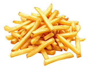 A pile of golden-brown, crispy French fries, isolated on a black background