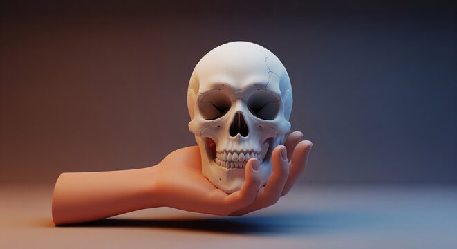 Rendered 3D skull held in a cartoon hand, illuminated with orange and blue light