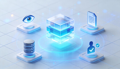Futuristic 3D Render of Glowing Blue Data Cube Central Oversight System with Transparent Glass Icons for Transparency Search Compliance Database and User Verification