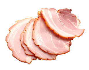 Close-up of sliced cured meat, featuring streaks of pink and red. Isolated on black