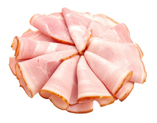 Overhead shot of thin, spiraled slices of deli meat, likely ham. Cut and artfully arranged