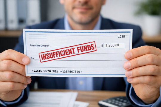 Insolvency finance bankruptcy debt A close-up a person holding a check stamped INSUFFICIENT FUNDS showing a specified amount conveying financial stress and payment failure
