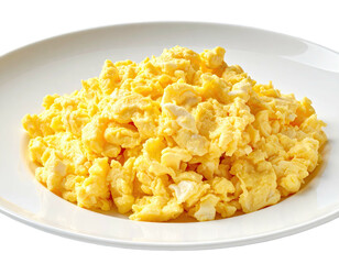 A close-up shot of fluffy, golden-yellow scrambled eggs artfully arranged on a white plate