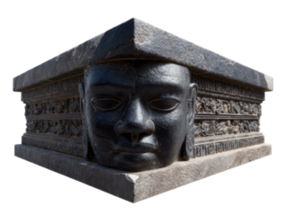 Ancient stone sculpture with intricate carvings and prominent human face