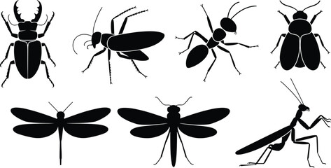 Set of detailed insect silhouettes featuring beetle ant cockroach dragonfly and praying mantis black vector illustration isolated collection © MstSalina
