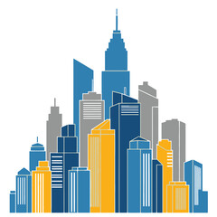 Obraz premium Modern cityscape illustration with colorful skyscrapers in blue, yellow, and gray.