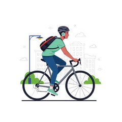 Obraz premium Man cycling to work in city, wearing helmet and backpack, vector illustration