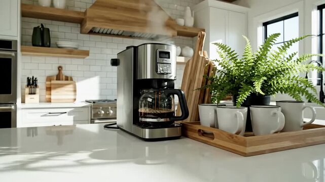 Making Fresh Coffee With Coffeemaker In The Morning In Cozy White Modern Kitchen