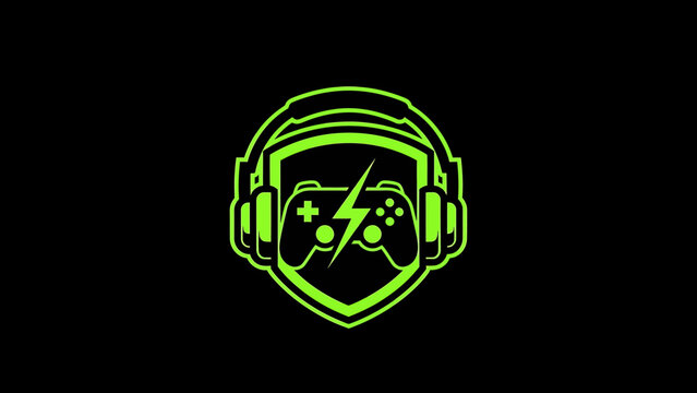 Gaming headset with controller shield emblem viewed from front in digital illustration style