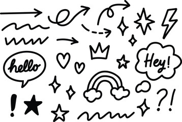 Fototapeta premium Collection hand drawn doodle elements. Set simple arrows, hearts, stars, rainbow and speech bubbles isolated on white background.​