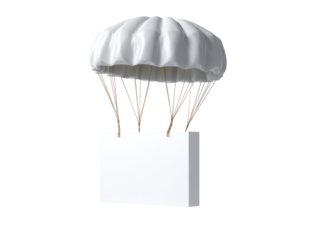 White parachute with suspended box on black background
