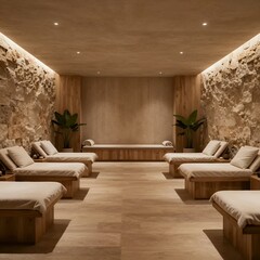 Tranquil warm minimalist spa relaxation room with stone walls and ambient lighting