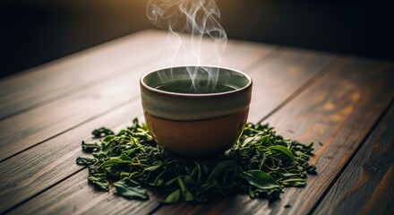 Steaming green beverage in a cup surrounded by tea leaves on a wooden surface