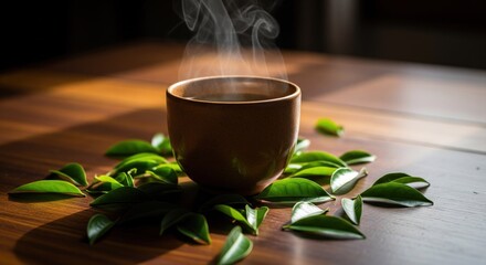 Steaming drink in a mug, surrounded by green leaves on a wooden surface, capturing a warm atmosphere