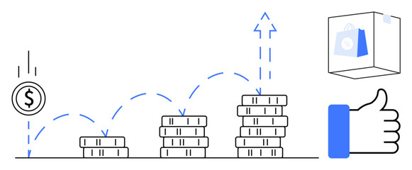 Financial growth concept. Stacked coins investment growth, while a shopping bag and thumbs-up highlight e-commerce success. Ideal for business, e-commerce, marketing strategies, investments