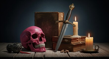 Still life, dramatic lighting, featuring a pink skull, sword, candles, and ancient books