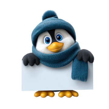 Cute penguin wearing blue hat and scarf holding blank sign