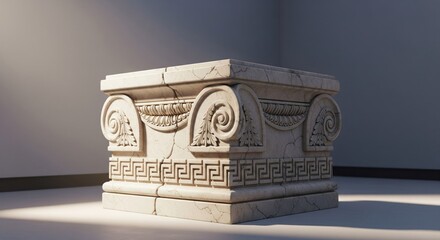Stone capital, ornate detail of ancient pillar; well lit, rendered in neutral room