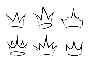 Crown icon set in black outline style. Simple hand drawn royal symbols suitable for logo design, branding, labels, badges and luxury themed projects.