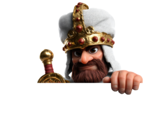 Cartoon warrior with beard in regal armor and turban