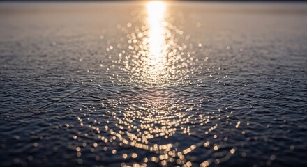 Sunlight sparkles on a textured, frozen surface with blurred background and a warm glow