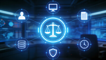 Futuristic 3D Digital Illustration of Central Justice Scales Icon on High Tech Hub with Global Network Nodes for Legal Compliance Data Storage Security and User Verification