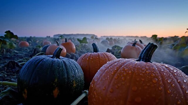 Beautiful pumpkins in a field at dusk, autumn harvest season.