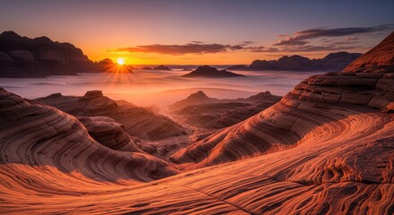 Sunset bathes layered sandstone formations in warm light, over a misty desert valley