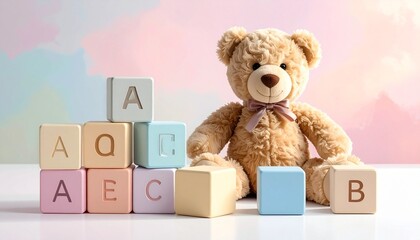 A plush teddy bear sits with pastel alphabet blocks on a soft background, evoking playful early learning.