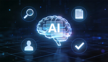 Futuristic artificial intelligence concept with glowing blue brain and digital icons representing data search user profile and verification on dark technology background