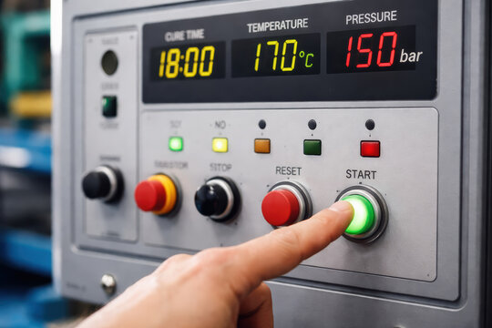Machine control panel start button A hand pressing illuminated start button on an industrial control panel with temperature and pressure display conveying operation readiness