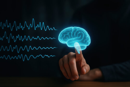 Mindfulness focus brain brainwave calm touch A glowing holographic brain above a hand with synchronized waveforms conveying serene concentration and mental clarity