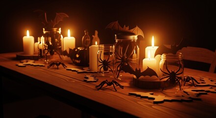 Table setting with Halloween decorations candles, spiders, bats, and jars in dim light