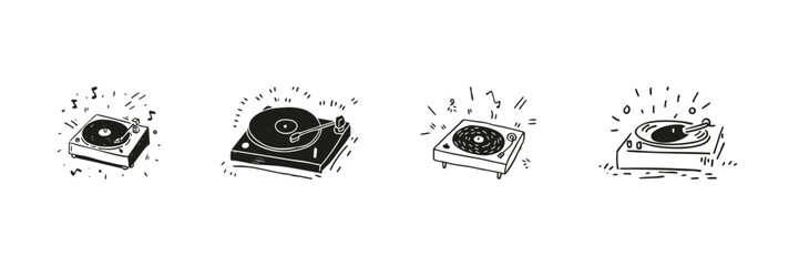 Vinyl Record Players Set In Doodle Style. Retro Music, Vintage Turntable, And Audio Equipment Sketch Collection. Hand Drawn Isolated Vector Illustration