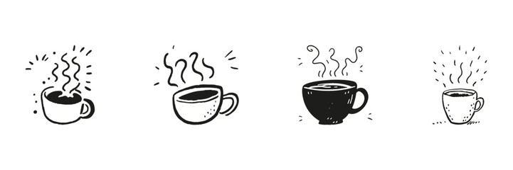 Obraz premium Steaming Coffee Cups Set In Doodle Style. Warm Beverage, Relaxation, And Morning Ritual Sketch Collection. Hand Drawn Isolated Vector Illustration