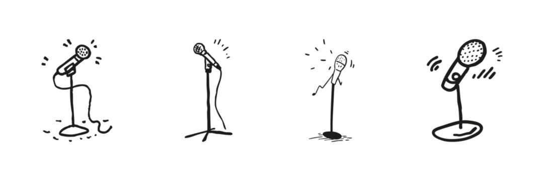 Microphone On Stand Set In Doodle Style. Music Performance, Public Speaking, And Broadcasting Sketch Collection. Hand Drawn Isolated Vector Illustration