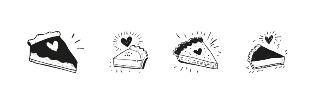 Pie Slices With Heart Motifs Set In Doodle Style. Love For Baking And Desserts Sketch Collection. Culinary Art And Sweet Treats Illustration. Hand Drawn Isolated Vector Illustration
