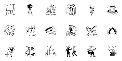 Naklejka premium Wedding And Celebration Icon Set In Doodle Style. Romantic And Festive Elements Sketch Collection. Includes Cake, Bicycle, Fireworks, And More. Hand Drawn Isolated Vector Illustration