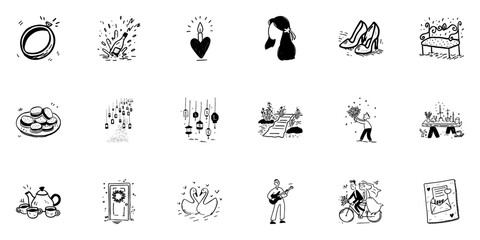 Obraz premium Wedding And Romance Icon Set In Doodle Style. Engagement, Celebration, And Love-Themed Sketch Collection. Includes Rings, Candles, Flowers, And More. Hand Drawn Isolated Vector Illustration