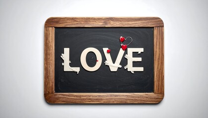 Wooden chalkboard with the word "LOVE" spelled out, decorated with hearts