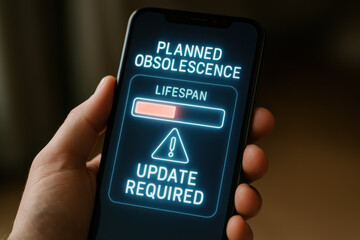 Planned obsolescence lifespan update A smartphone warning screen shows a depleted lifespan bar and urgent update required alert creating concern about device longevity