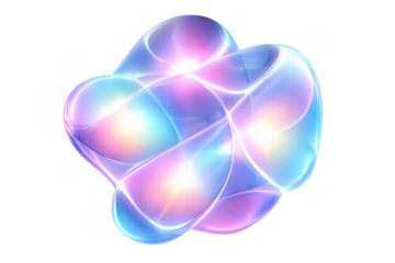 Abstract glass bubble cluster floating, glowing futuristic liquid shape with neon light reflections, transparent background