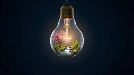 Ecofriendly light bulb with a miniature natural landscape inside.