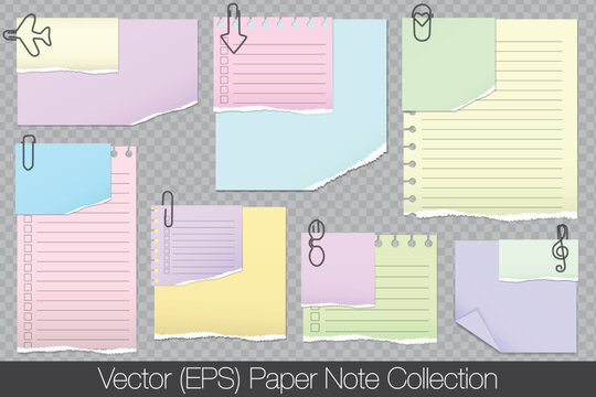 Realistic colorful Paper Mockup Set with coiled and folded edges and blank colorful torn paper notes attached to Paper by black paper clips. Vector paper templates isolated on transparent background