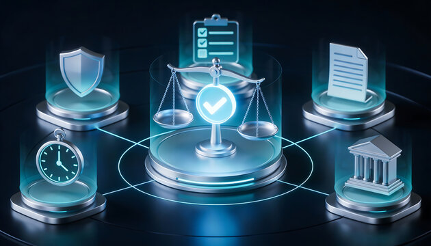 Futuristic 3d holographic interface for digital legal services featuring scales of justice clock security shield and document icons for compliance and law technology concept - Powered by Adobe